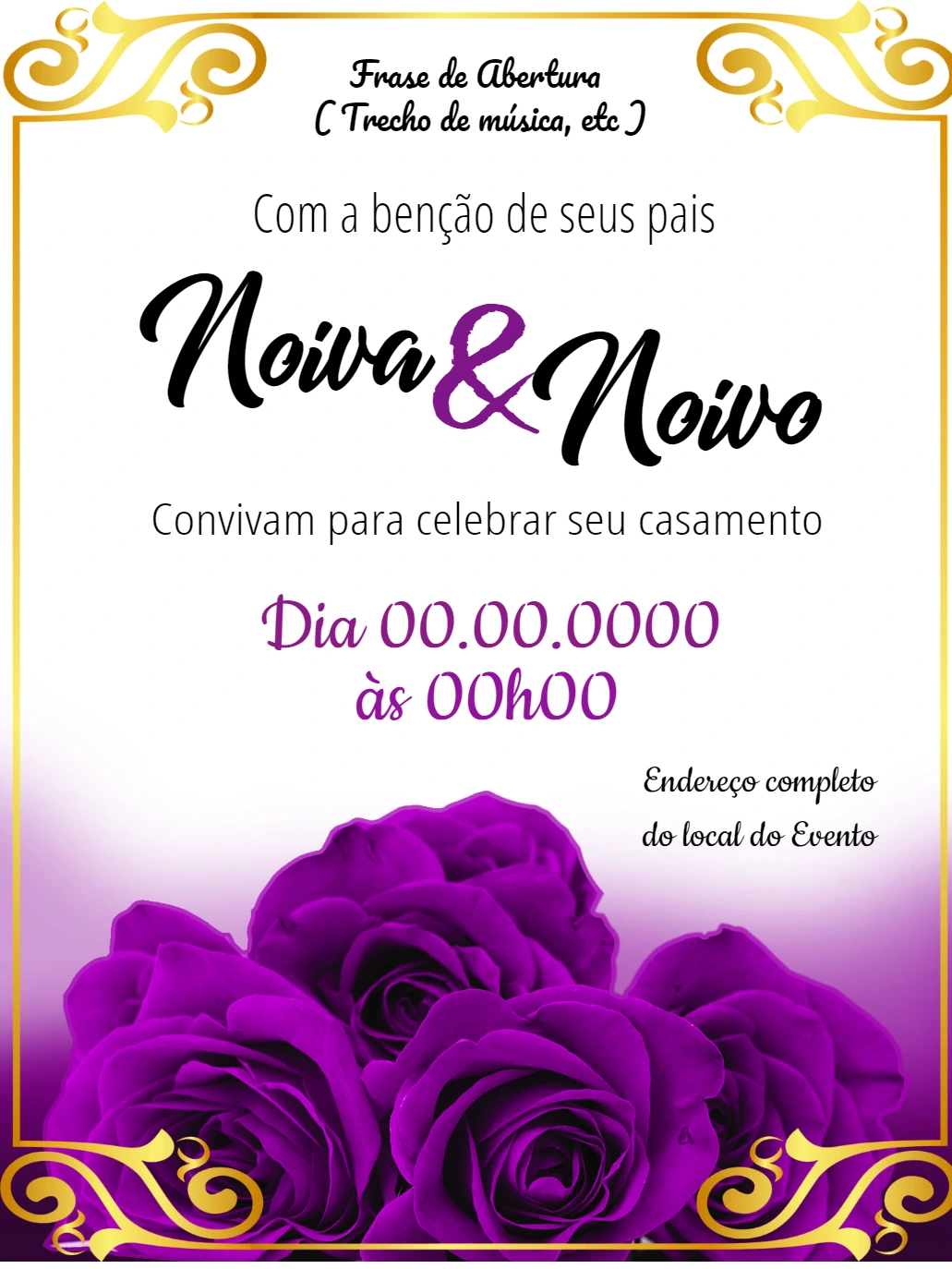 Convite de Casamento Floral com Rosas Roxas para Editar Online
