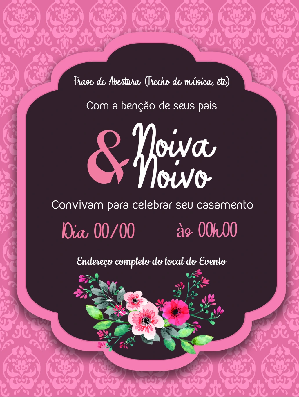 Convite de Casamento Floral Rosa para Editar Online
