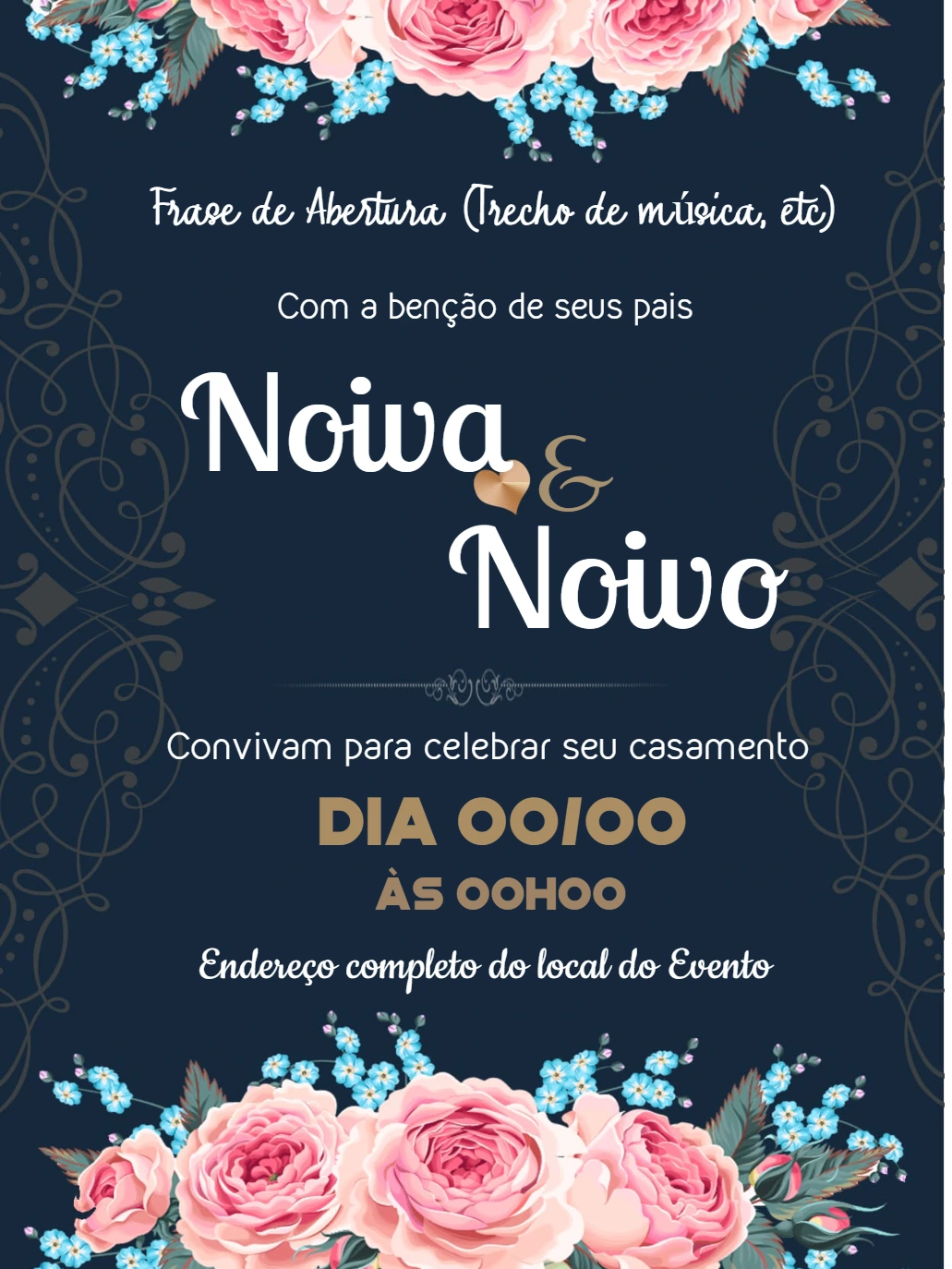 Convite de Casamento Floral Azul e Rosa para Editar Online