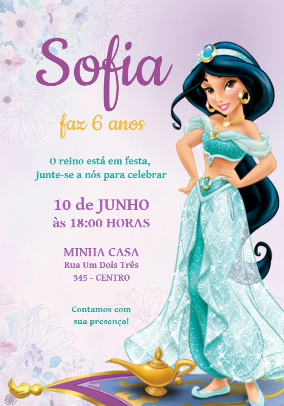 Convite Aniversário Princesa Jasmine para Editar Online