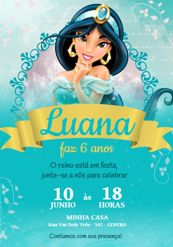 Convite Aniversário Princesa Jasmine para Editar Online