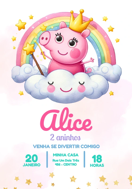 Convite Aniversário Peppa Pig Fada para Editar Online