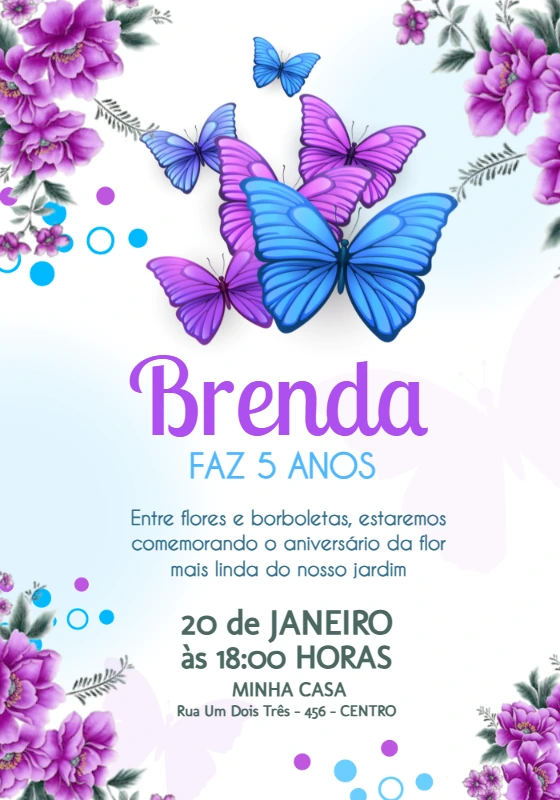 Convite de Aniversário Borboletas Lilás para Editar Online
