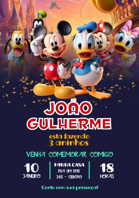 Convite Aniversário Turma do Mickey Mouse para Editar Online
