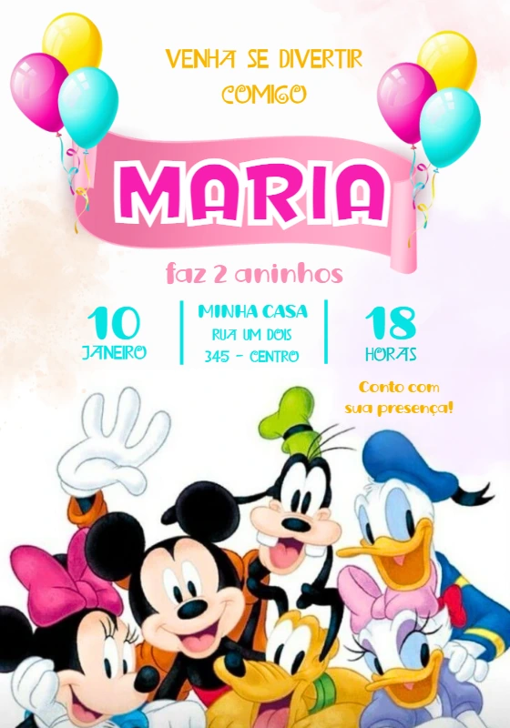 Convite de Aniversário Turma do Mickey para Editar Online