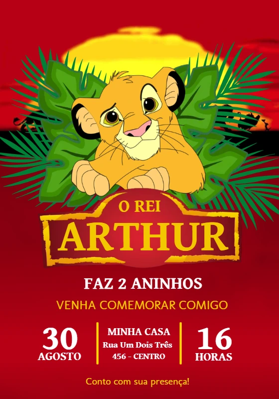 Convite Aniversário O Rei Leão com Simba para Editar Online