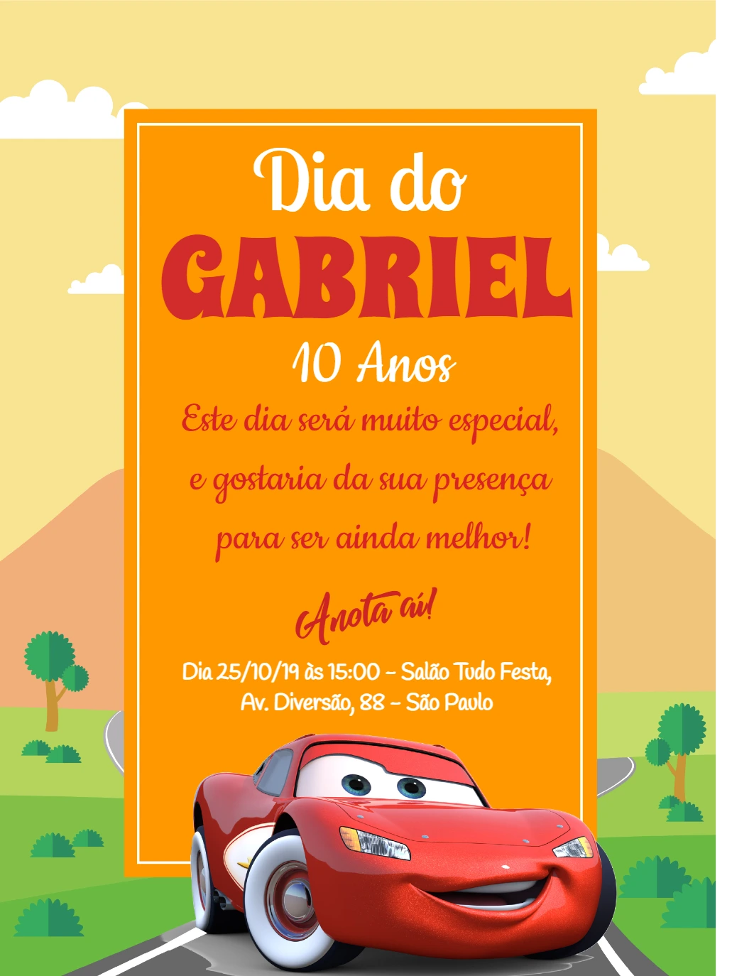 Convite de Aniversário Carros com Relâmpago McQueen para Editar