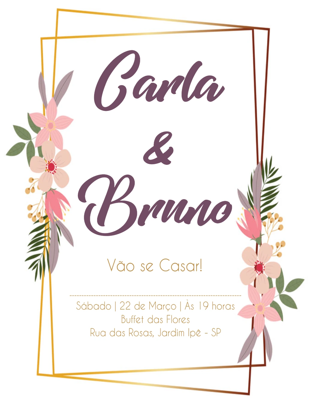 Convite de Casamento Floral com Dourado para Editar Online