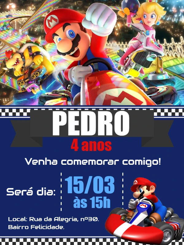 Convite de Aniversário Mario Kart com Personagens para Editar