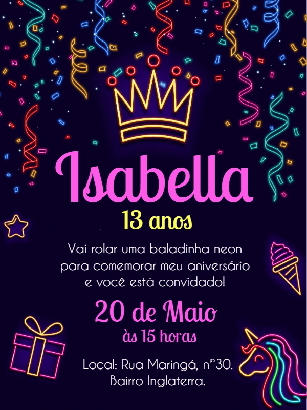 Convite de Aniversário Neon Balada para Editar Online