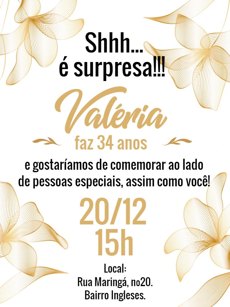 Convite Aniversário Surpresa Elegante Dourado para Editar