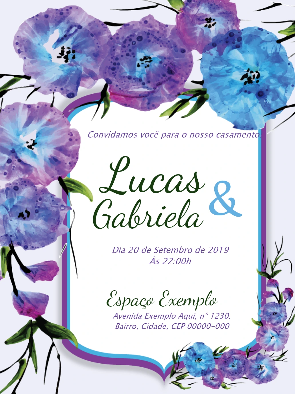 Convite de Casamento Floral Aquarela Roxo e Azul para Editar