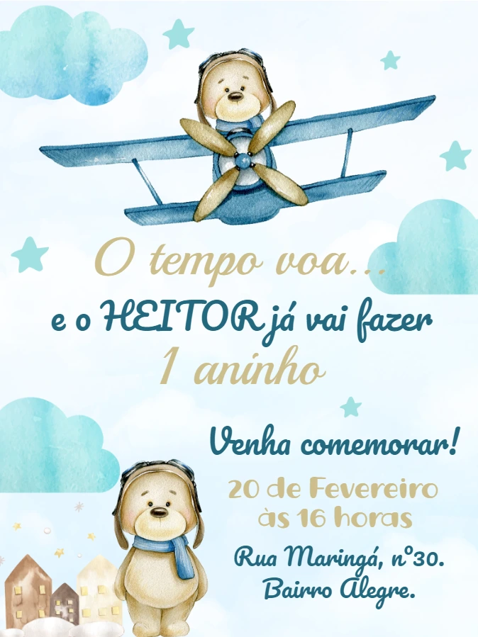 Convite de Aniversário O Tempo Voa Editável com Aviador