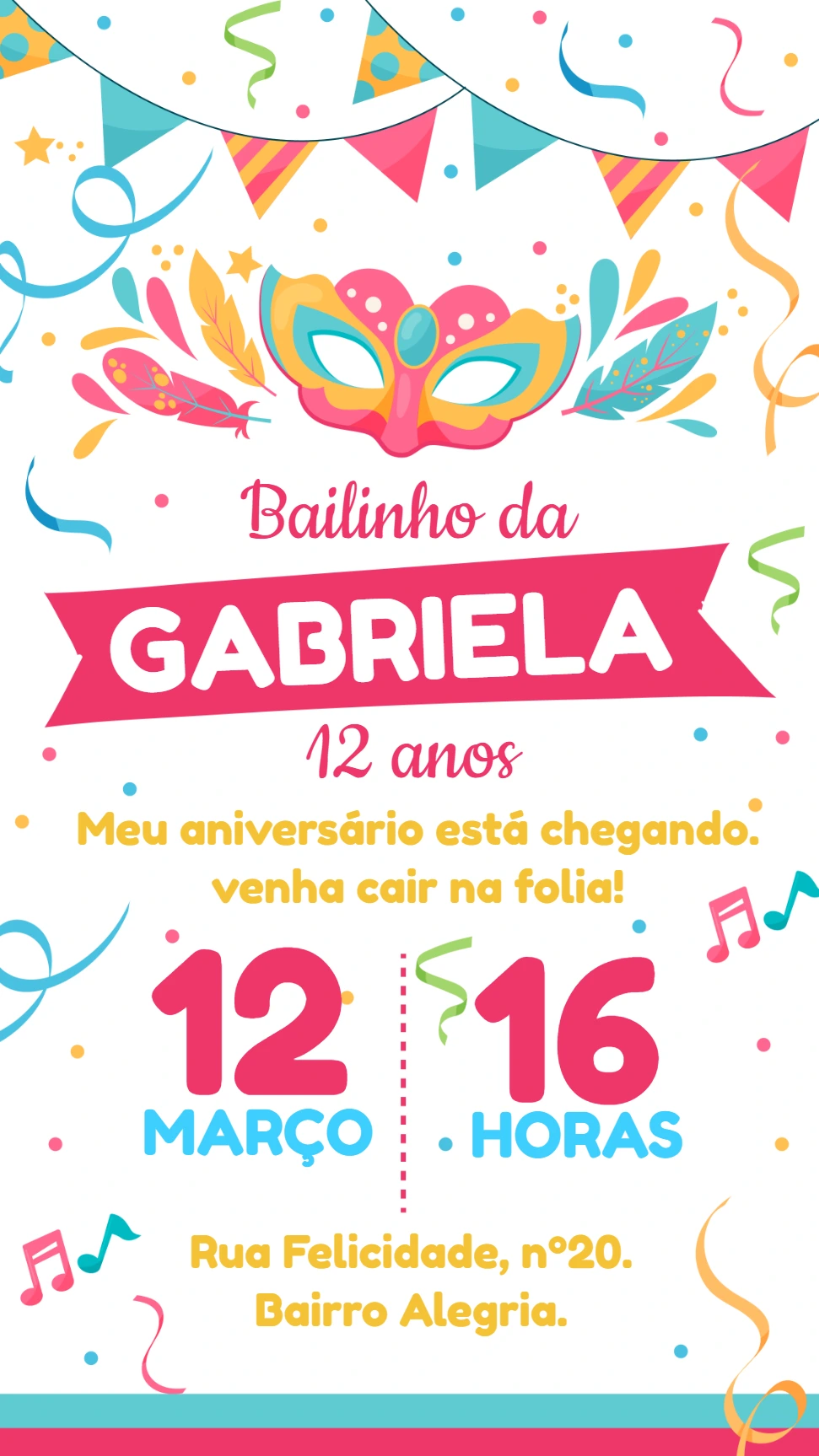 Convite de Aniversário Carnaval com Máscara para Editar Online