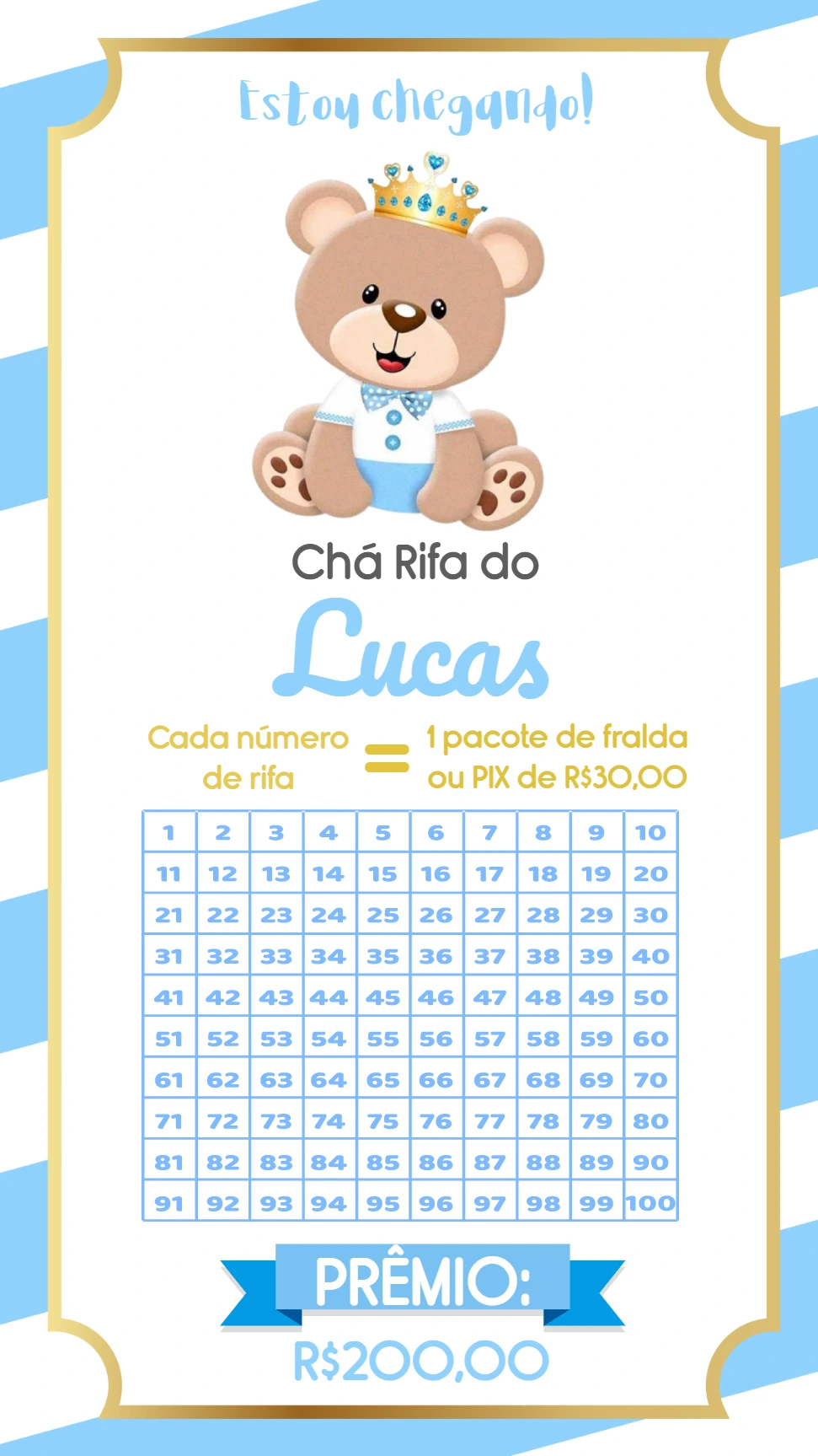 Chá Rifa Ursinho Príncipe Azul: Convite Editável Online