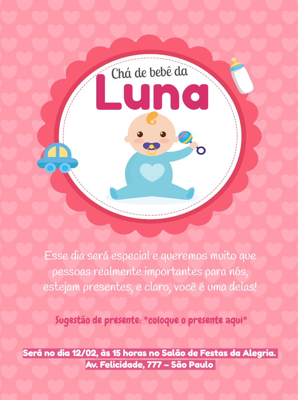 Convite Chá de Bebê Menina Rosa com Bebê Fofo para Editar