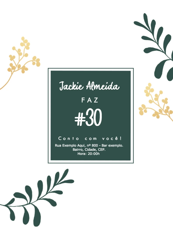 Convite de Aniversário Floral Verde e Dourado para Editar Online