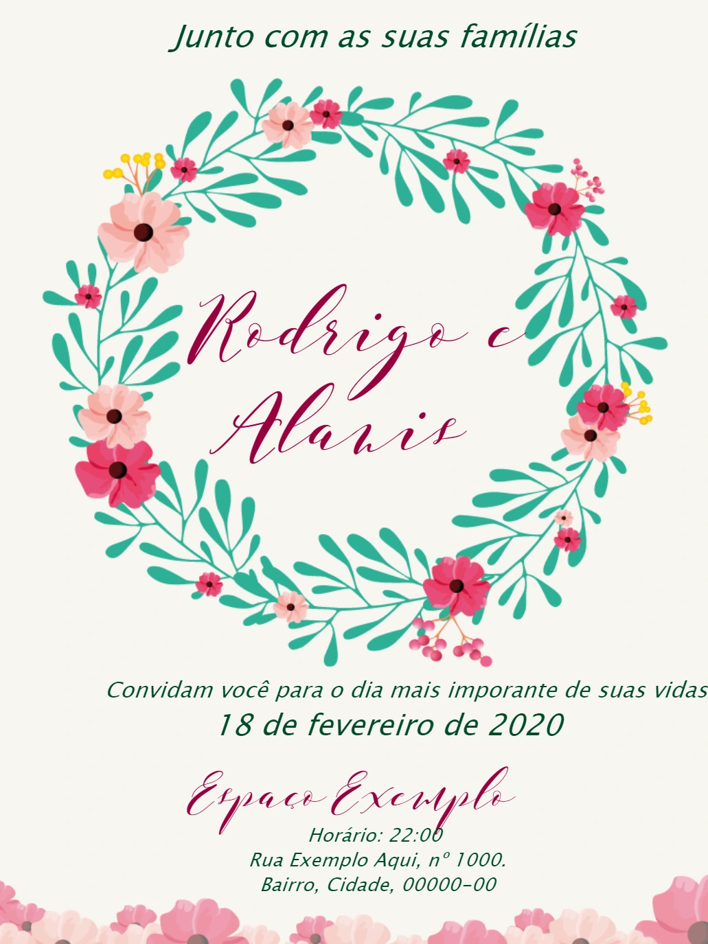 Convite de Casamento Floral com Coroa de Flores para Editar Online