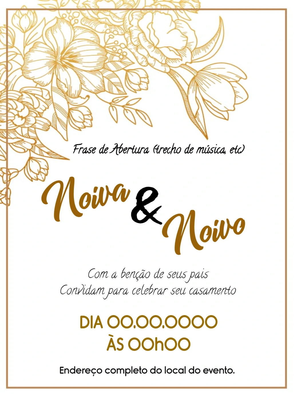 Convite de Casamento Floral Dourado para Editar Online