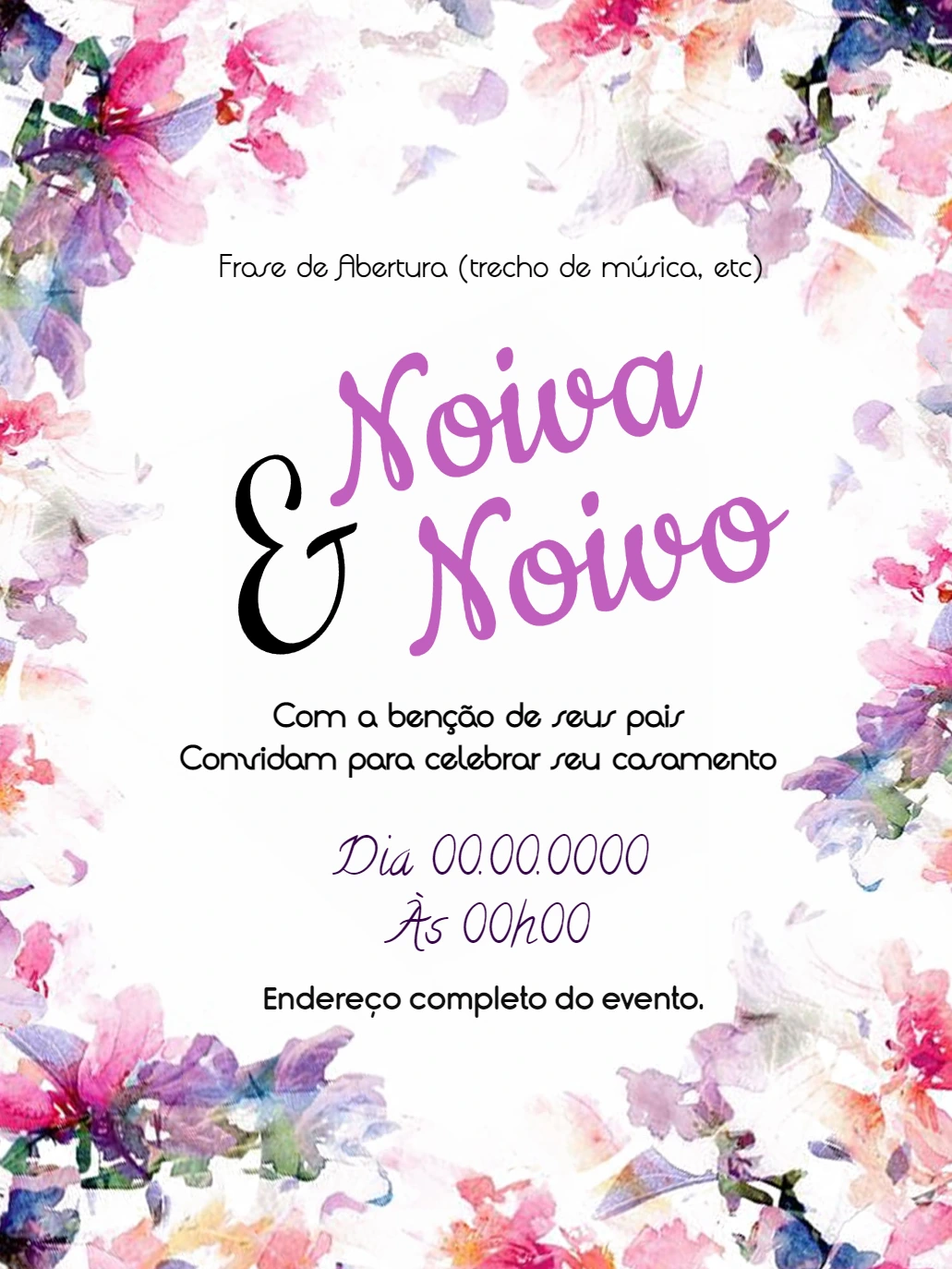 Convite de Casamento Floral Aquarela para Editar Online