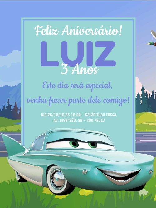 Convite Aniversário Carros com a Flo para Editar Online
