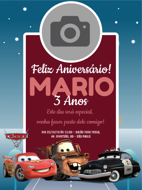 Convite de Aniversário Carros com Foto para Editar Online