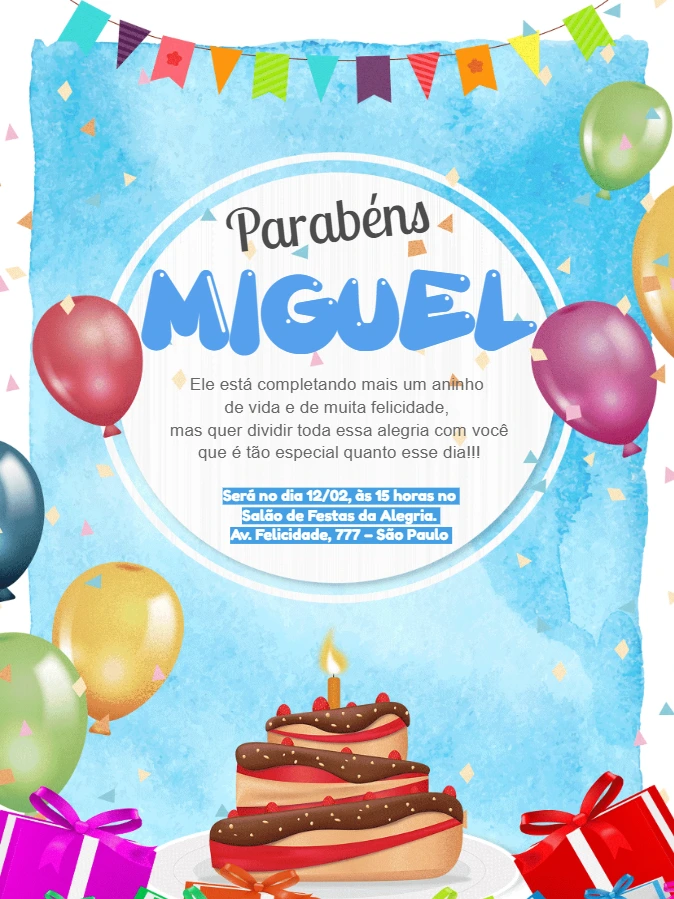 Convite de Aniversário Infantil com Balões para Editar Online