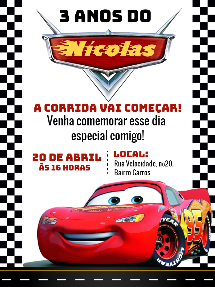 Convite de Aniversário Carros Relâmpago McQueen para Editar