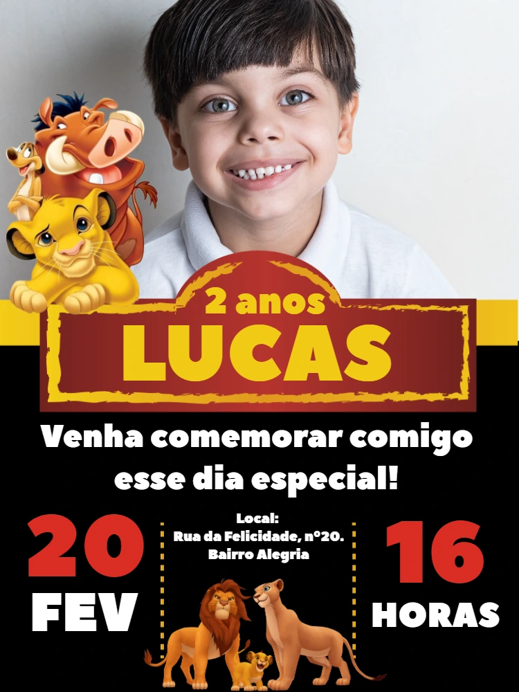 Convite de Aniversário Rei Leão com Foto para Editar Online