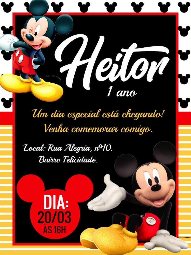 Convite de Aniversário Mickey Mouse para Editar Online