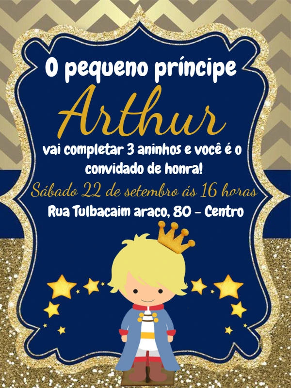 Convite Aniversário Pequeno Príncipe Glitter para Editar Online