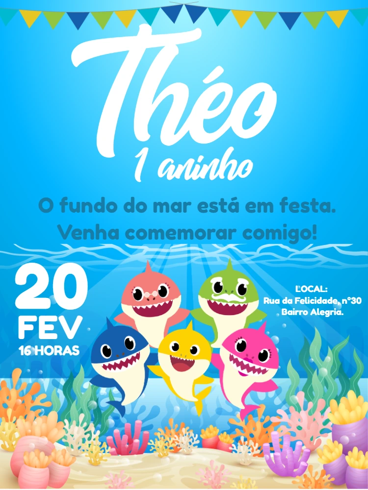 Convite Aniversário Baby Shark com a Turma para Editar Online