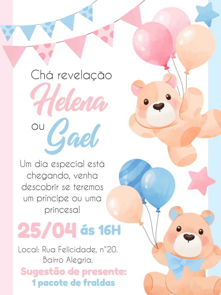 Convite Chá Revelação Ursinhos Fofos para Editar Online