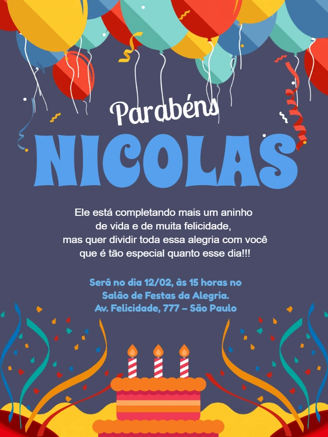 Convite de Aniversário com Balões Coloridos para Editar Online