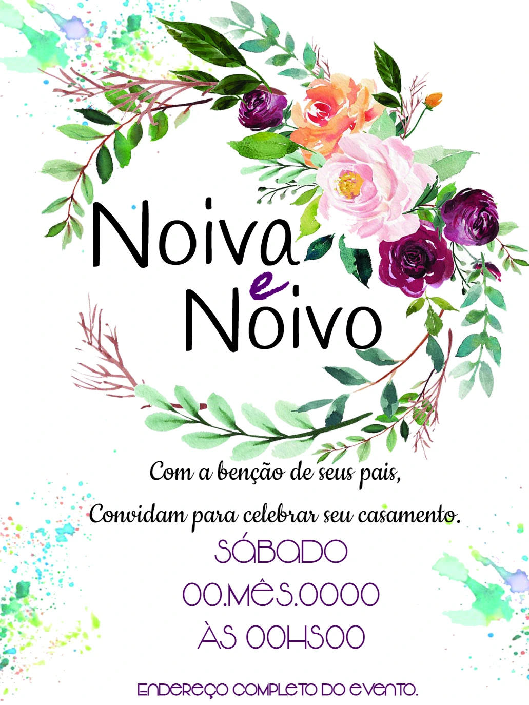 Convite de Casamento Floral com Aquarela para Editar Online