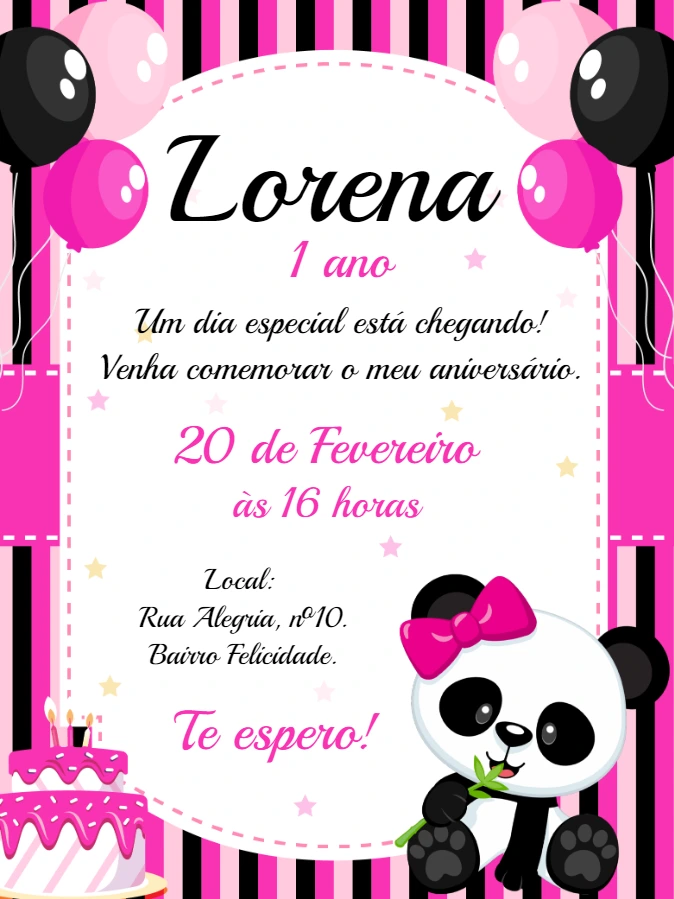 Convite Aniversário Panda Rosa para Editar Online