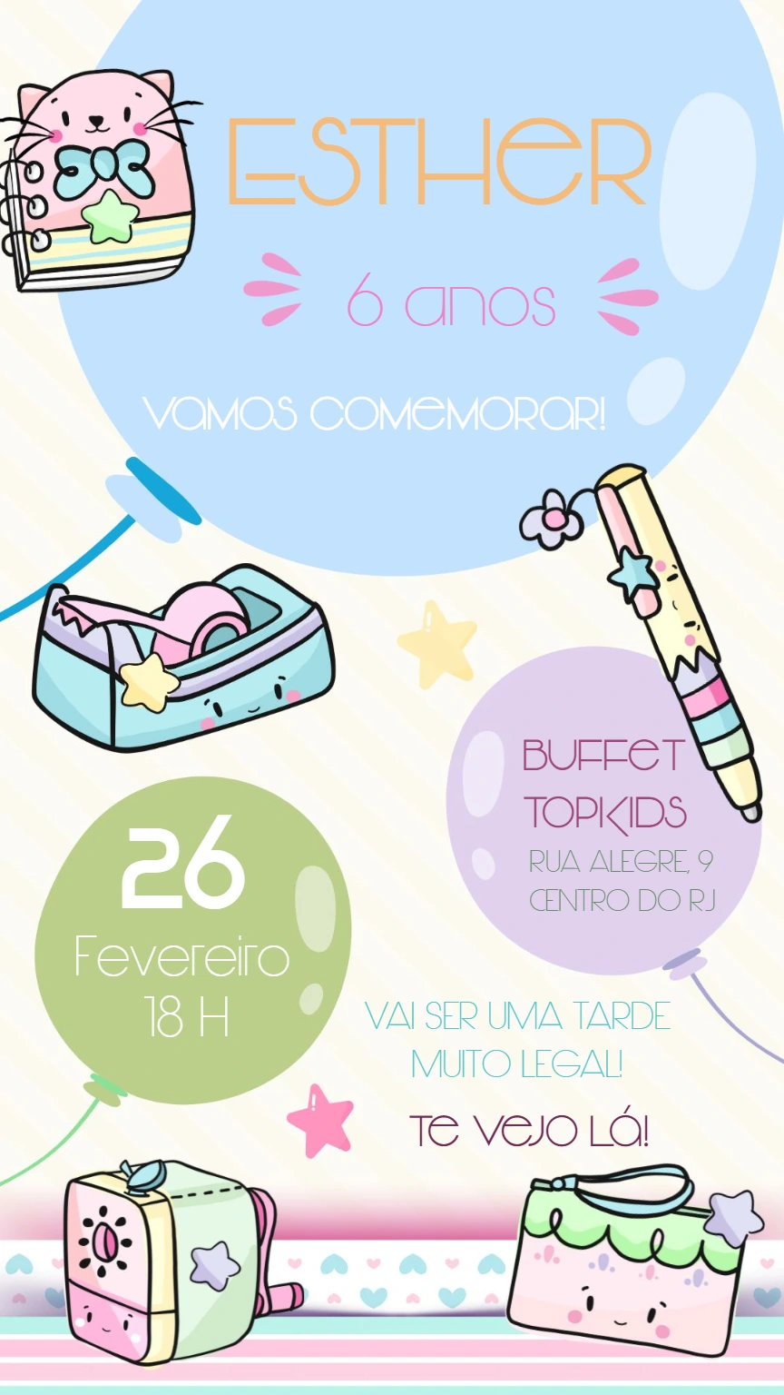 Convite Aniversário Papelaria Cute para Editar Online
