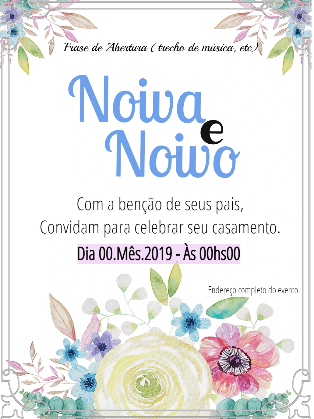 Convite de Casamento Floral Aquarela para Editar Online