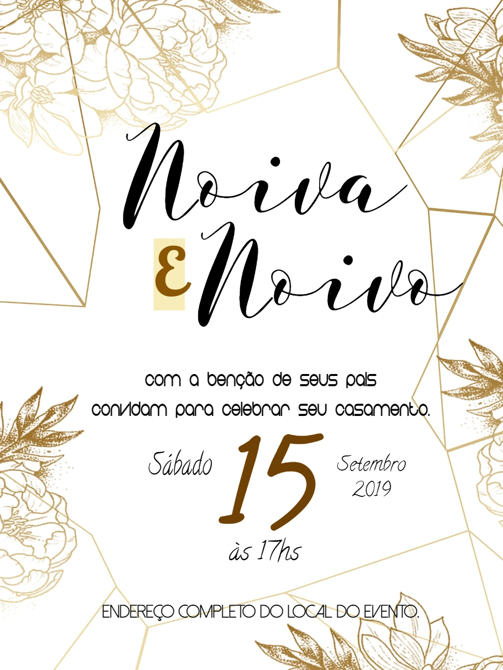 Convite de Casamento Floral Dourado para Editar Online