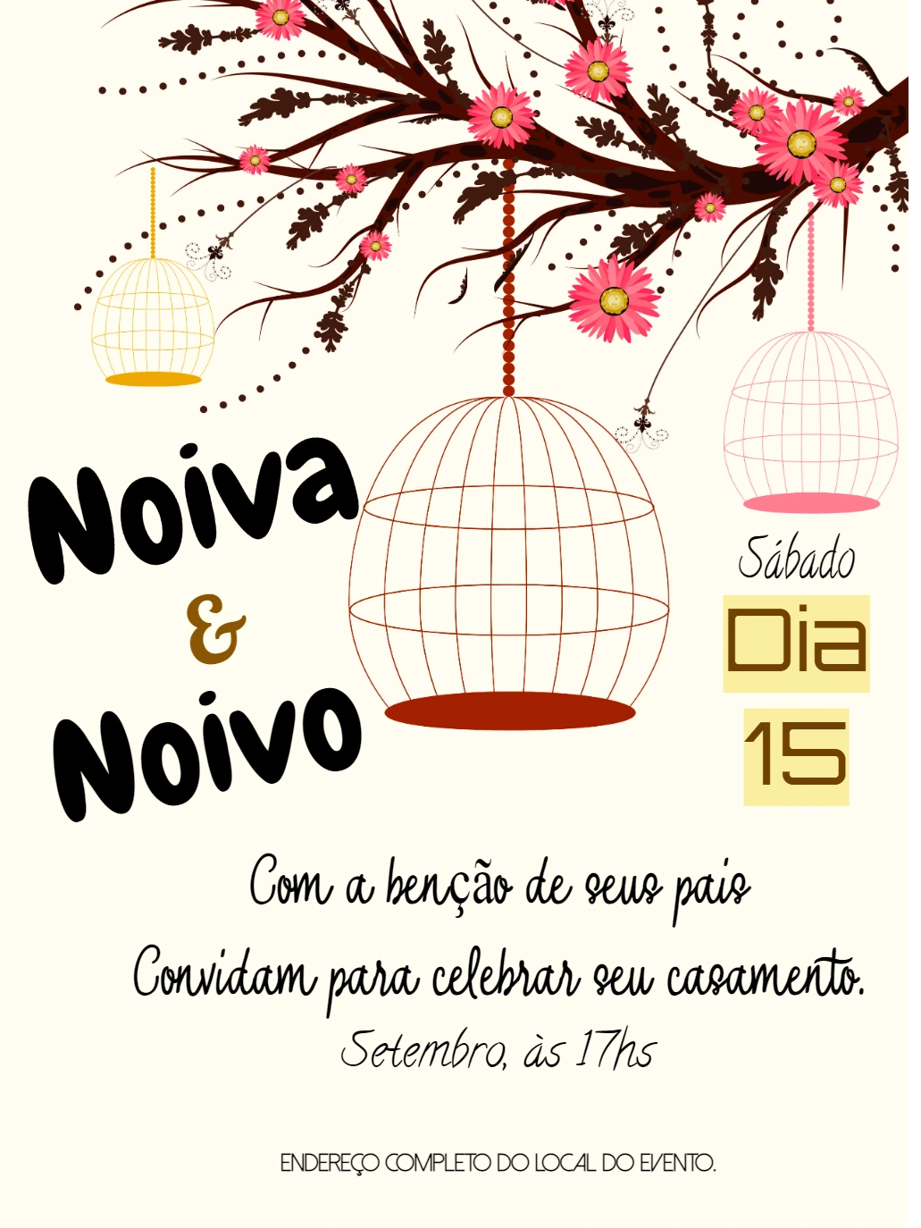 Convite de Casamento Shabby Chic com Gaiolas para Editar Online