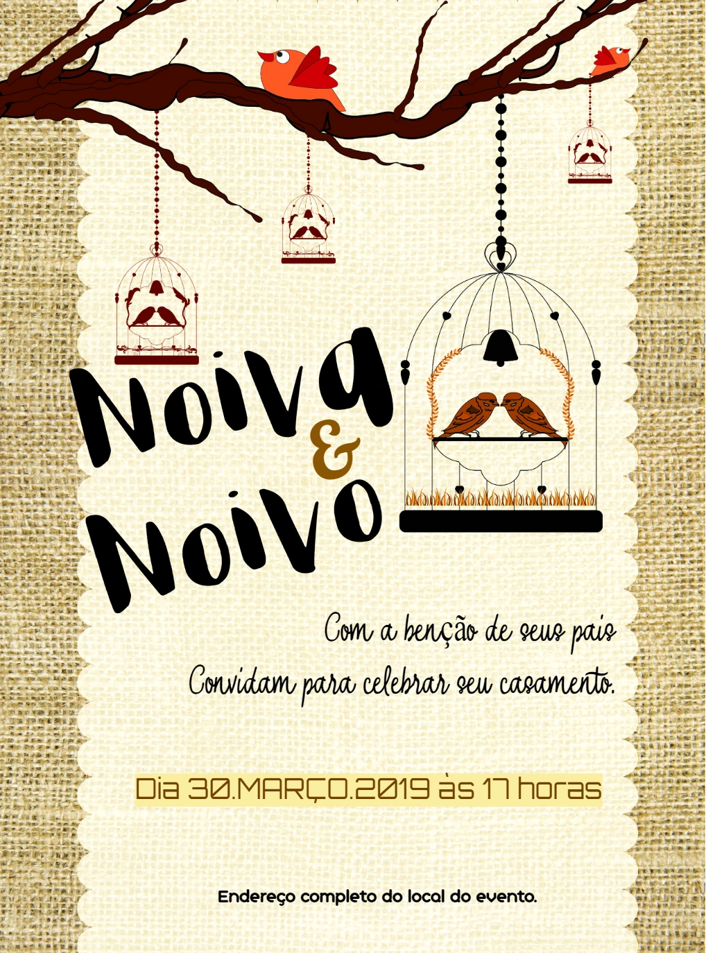 Convite de Casamento Rústico com Pássaros para Editar Online