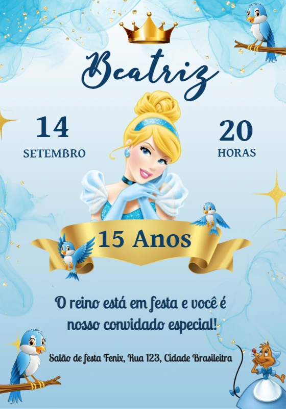 Convite Aniversário 15 anos Cinderela para Editar Online