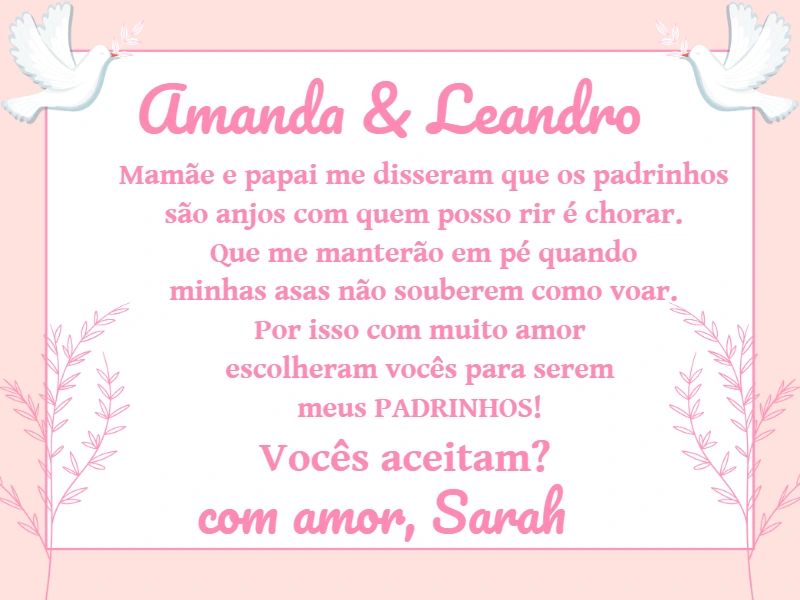 Convite Padrinhos de Batismo Delicado com Anjos para Editar