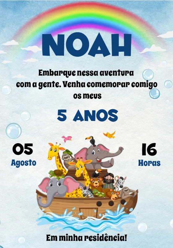 Convite Aniversário Arca de Noé com Animais para Editar Online