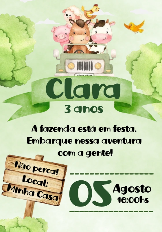 Convite de Aniversário Fazendinha Safari para Editar Online