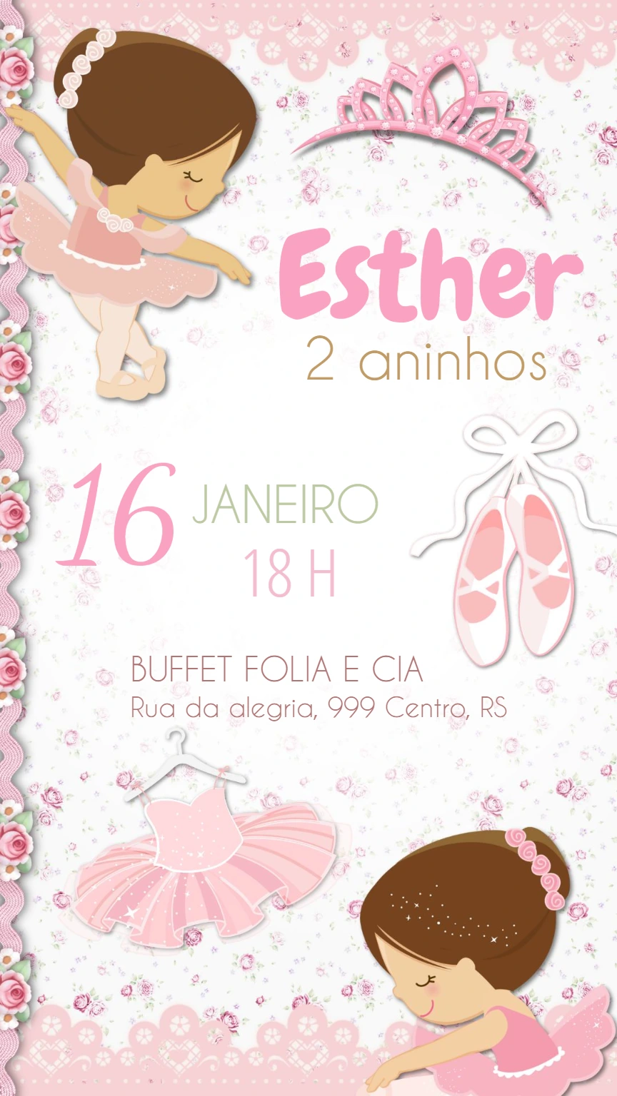Convite Aniversário Bailarina Delicada para Editar Online