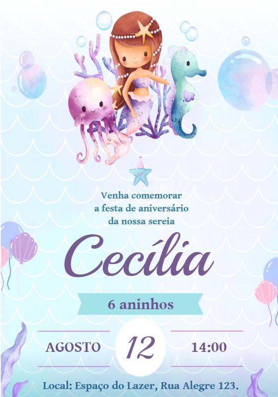 Convite de Aniversário Sereia Fofa para Editar e Imprimir