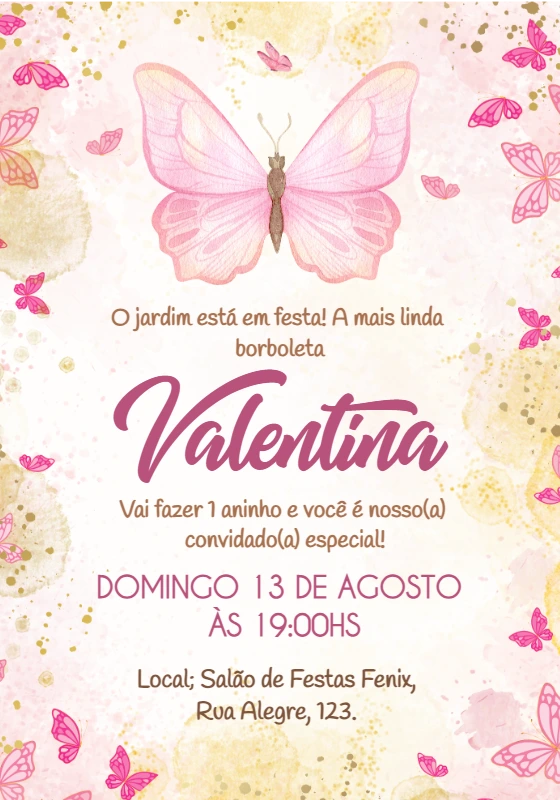 Convite de Aniversário Borboletas Rosa e Dourado para Editar