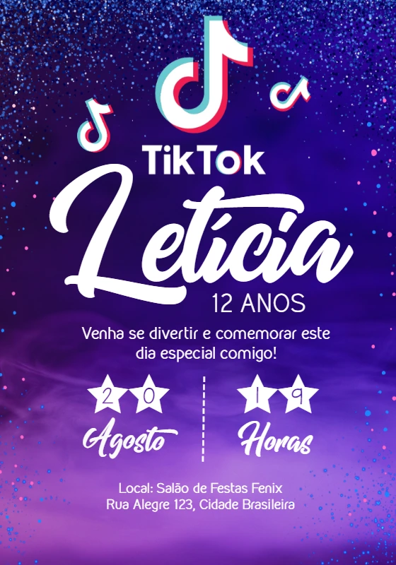 Convite de Aniversário Tik Tok Editável Online para Imprimir