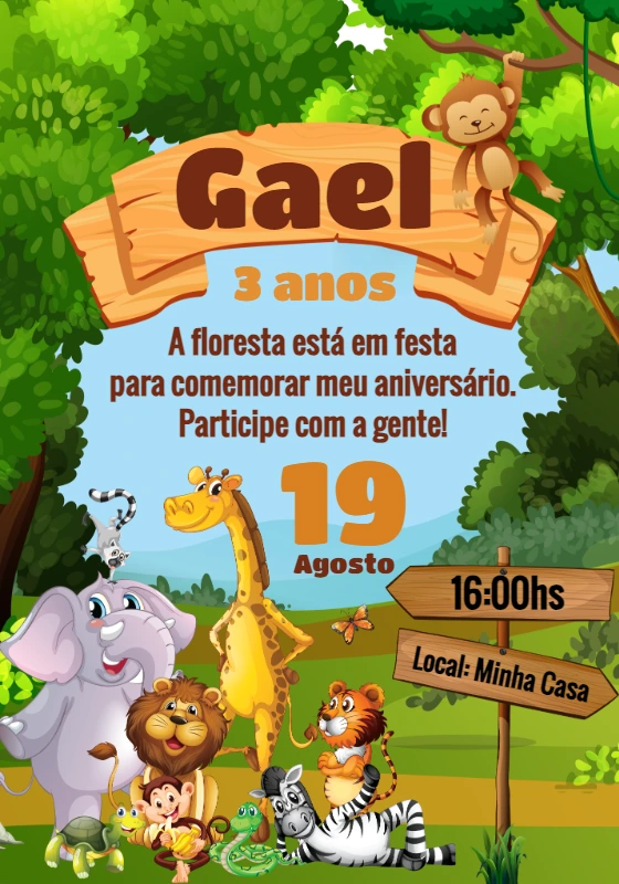Convite Aniversário Safari com Animais para Editar Online